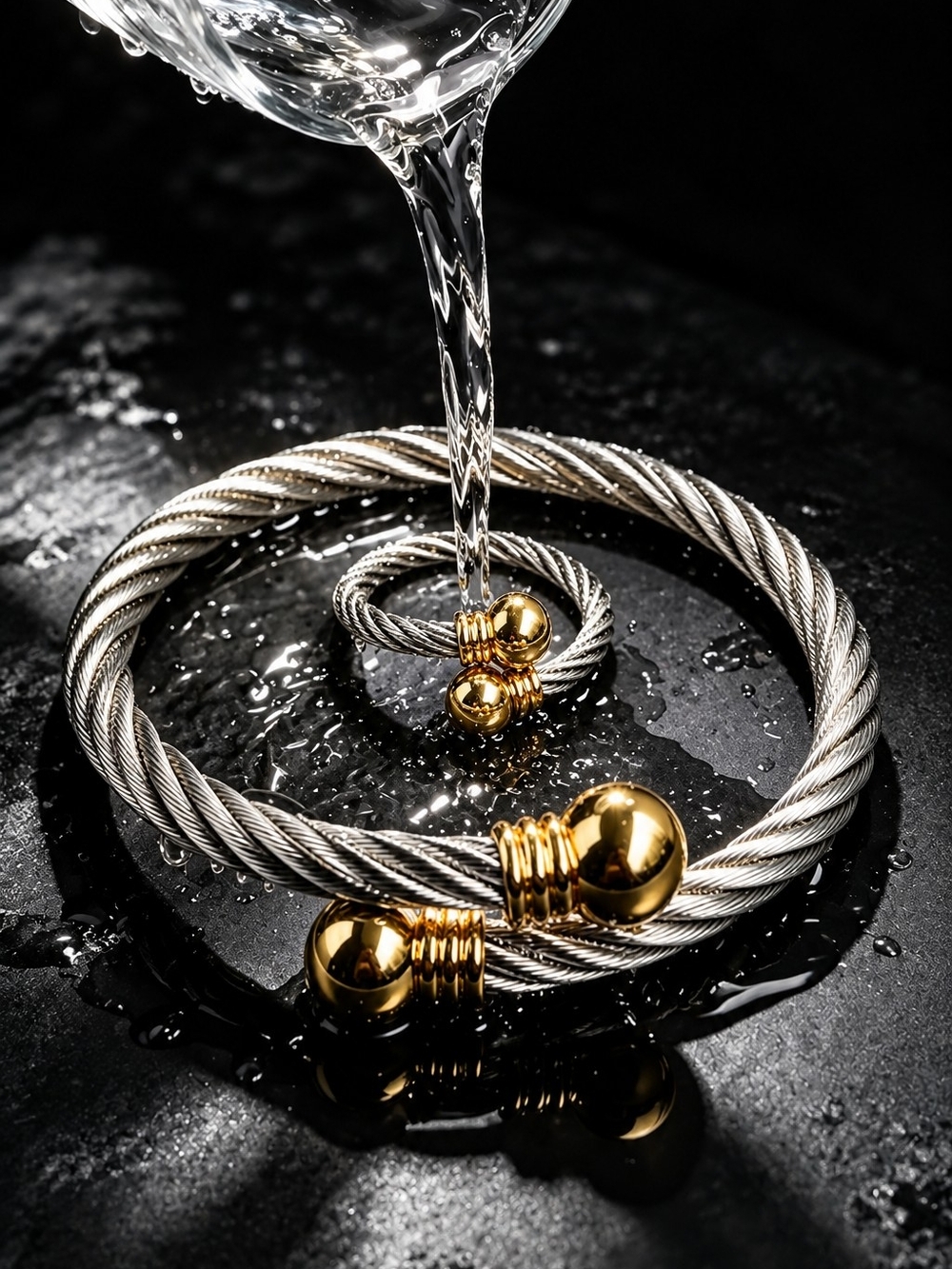 Two-Tone Silver Cable Bracelet and Ring Set with Gold Accents- Waterproof